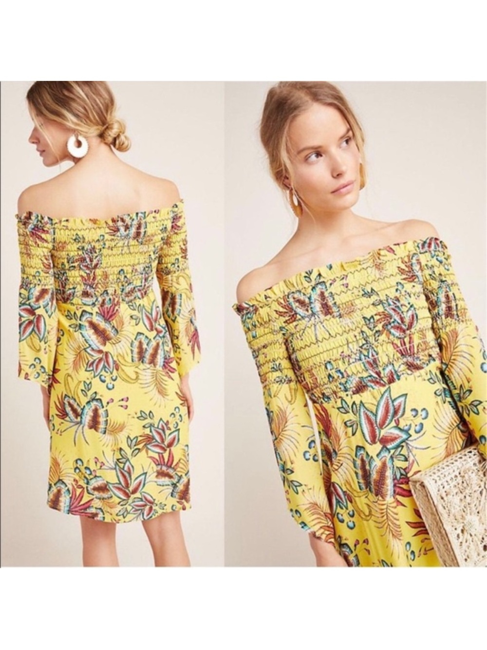 Anthropologie Farm Rio Bria Dress Sz S Mini Smocked Yellow Tropical Print NWOT